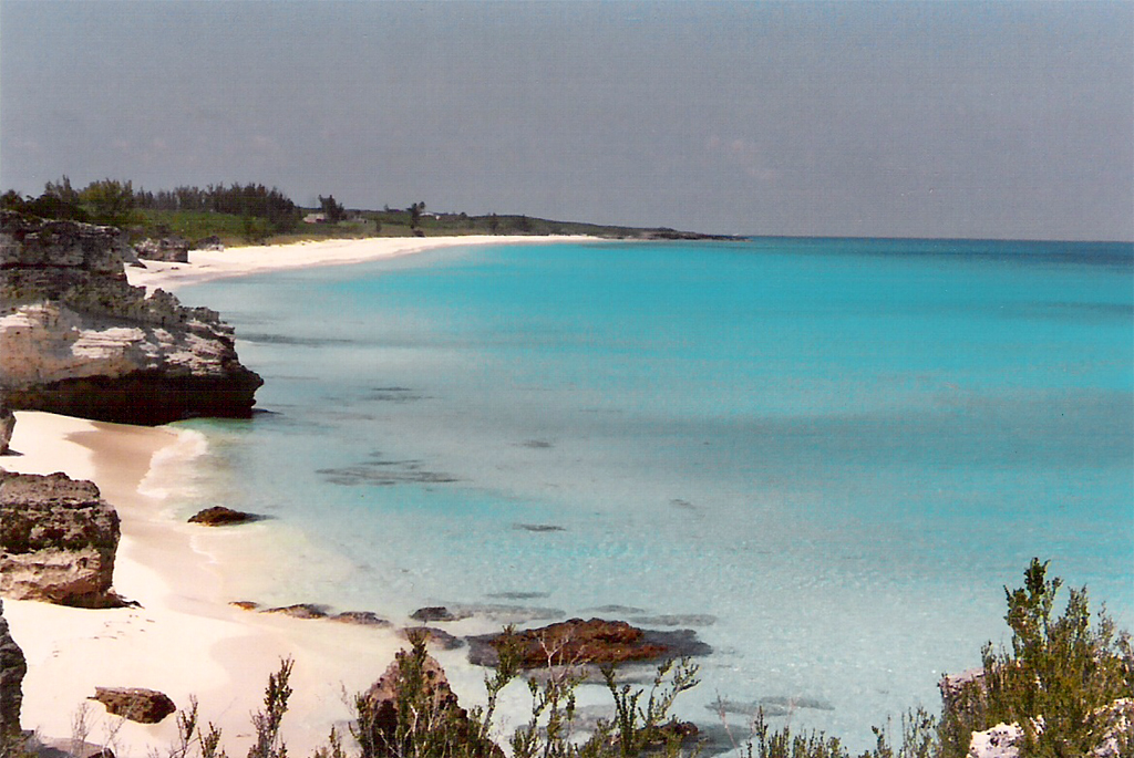 The turquoise waters and sandy coastline of Great Harbour Cay